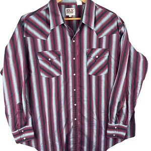 VTG Ely Cattleman Striped Western Pearl Snap Shirt Mens 2XL Long Sleeve Red Gray